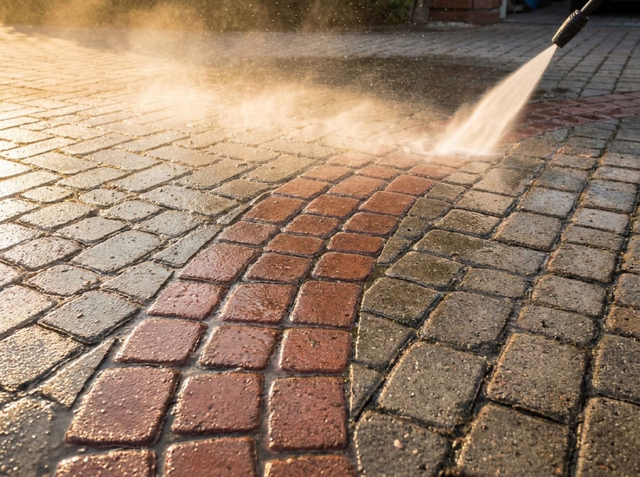Brick paving with water spraying across it from a pressure washer