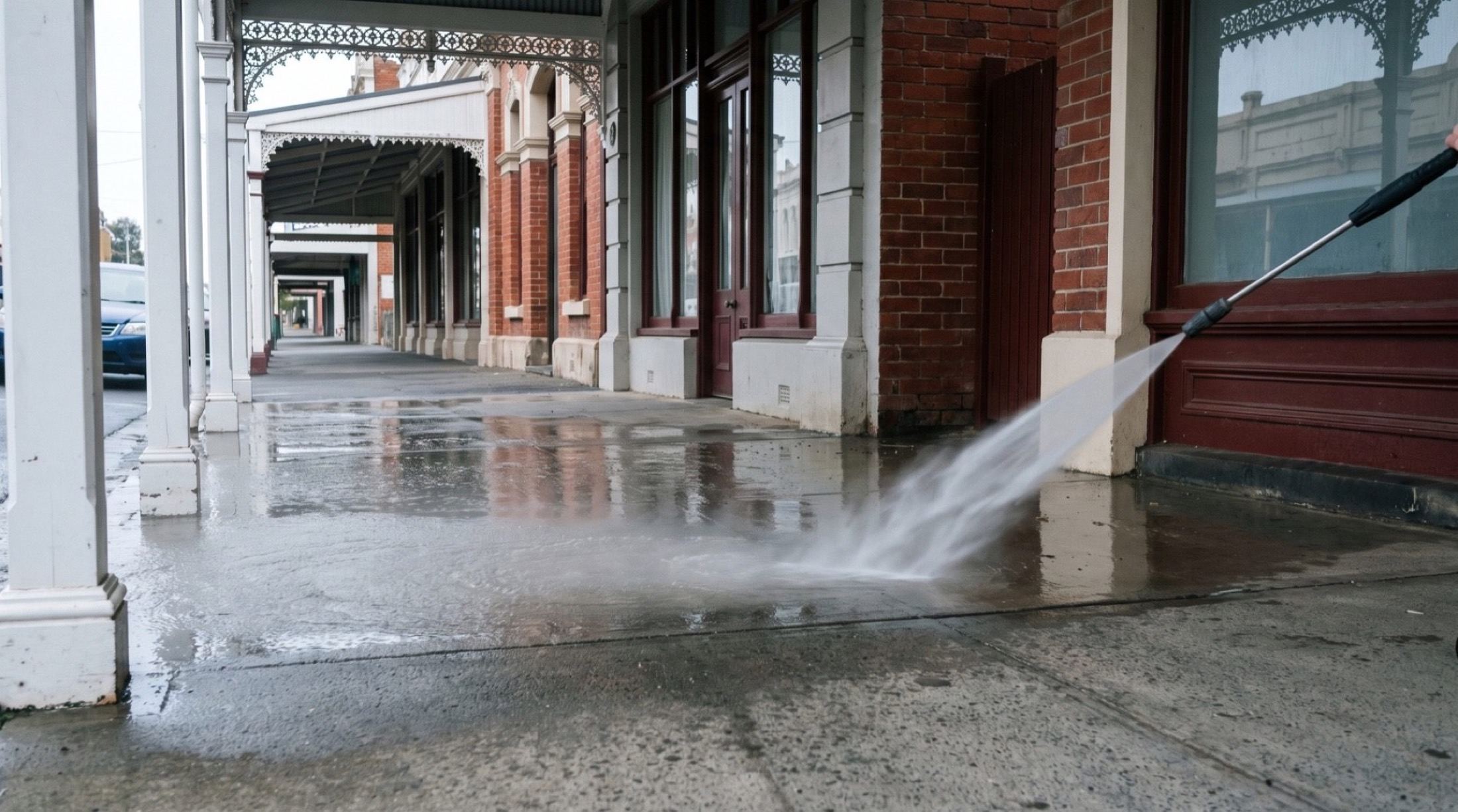 Water spraying across a shopfront footpath along a row of brick buildings