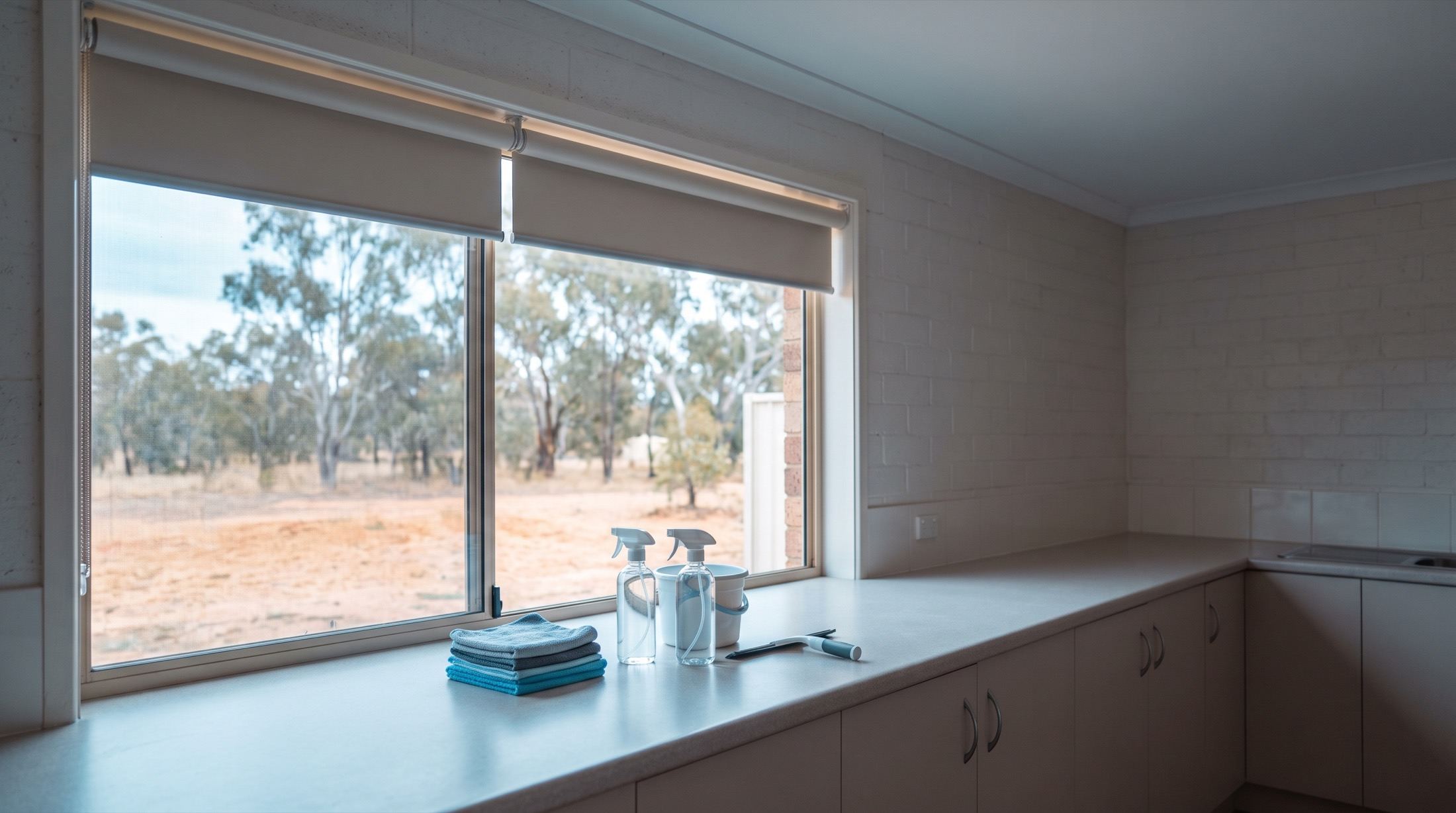 Folded cloths, spray bottles and a bucket set out along a kitchen benchtop