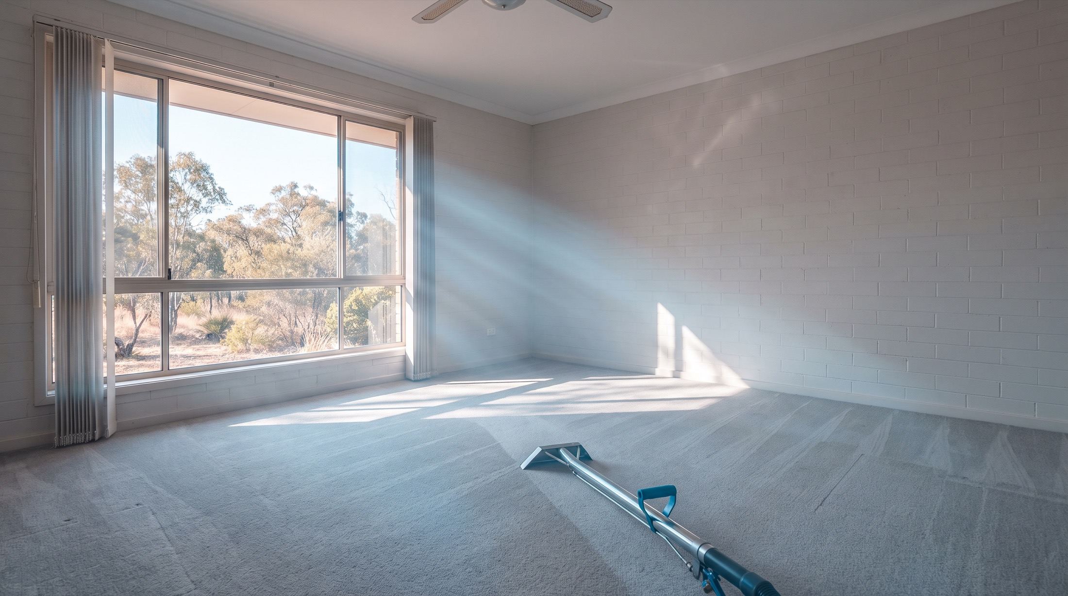 An empty carpeted living room with a carpet cleaning wand on the floor and sunlight coming through the window