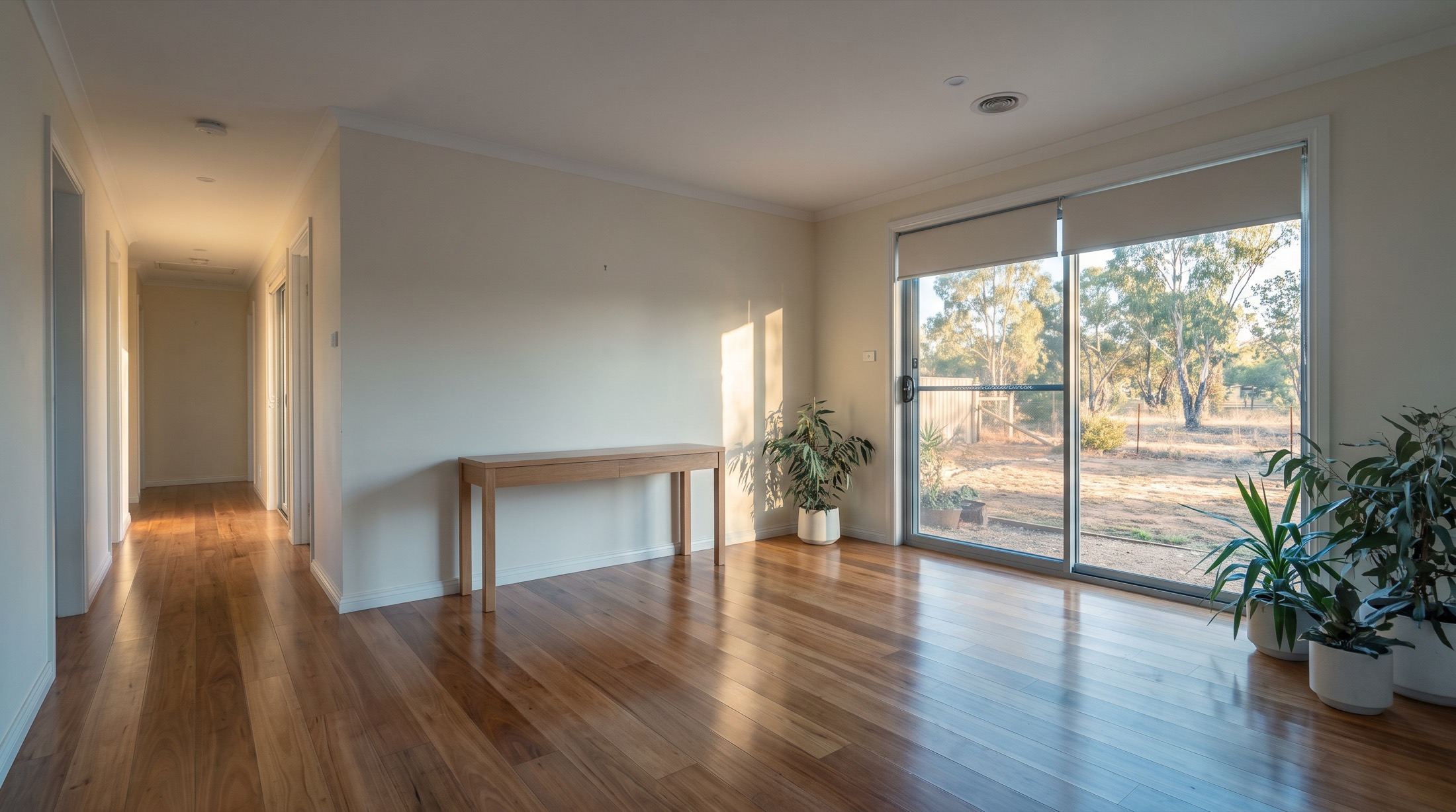 A hallway and living area with timber floorboards and light coming through a sliding door