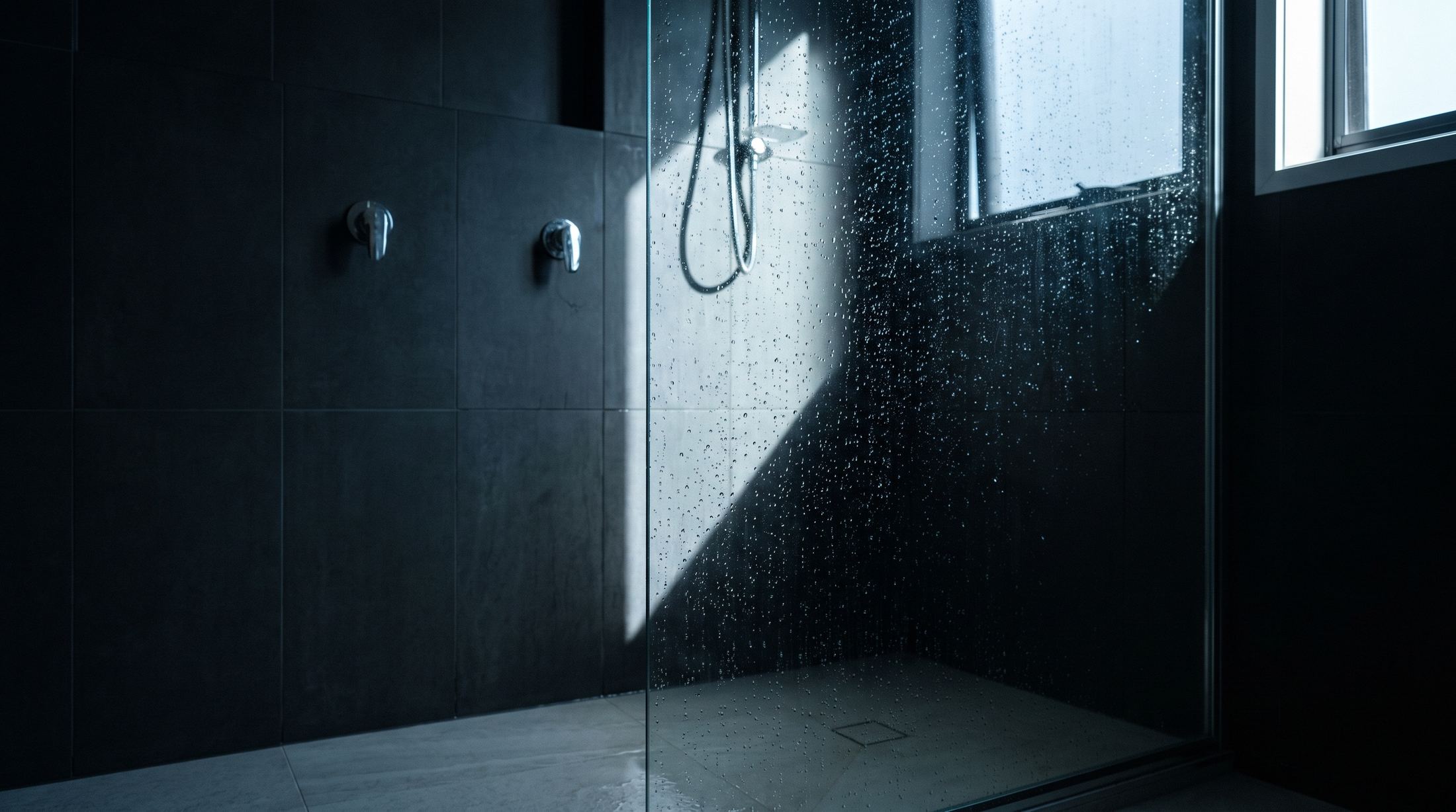 A glass shower screen with water running down it in a tiled bathroom