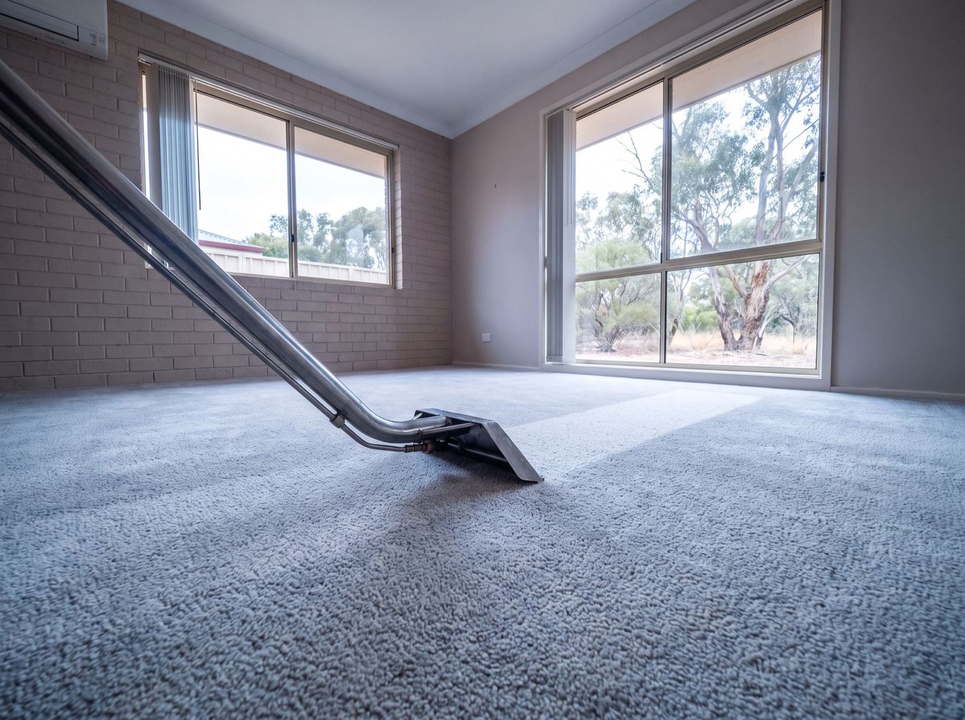 A carpet cleaning wand being drawn across grey carpet in an empty room
