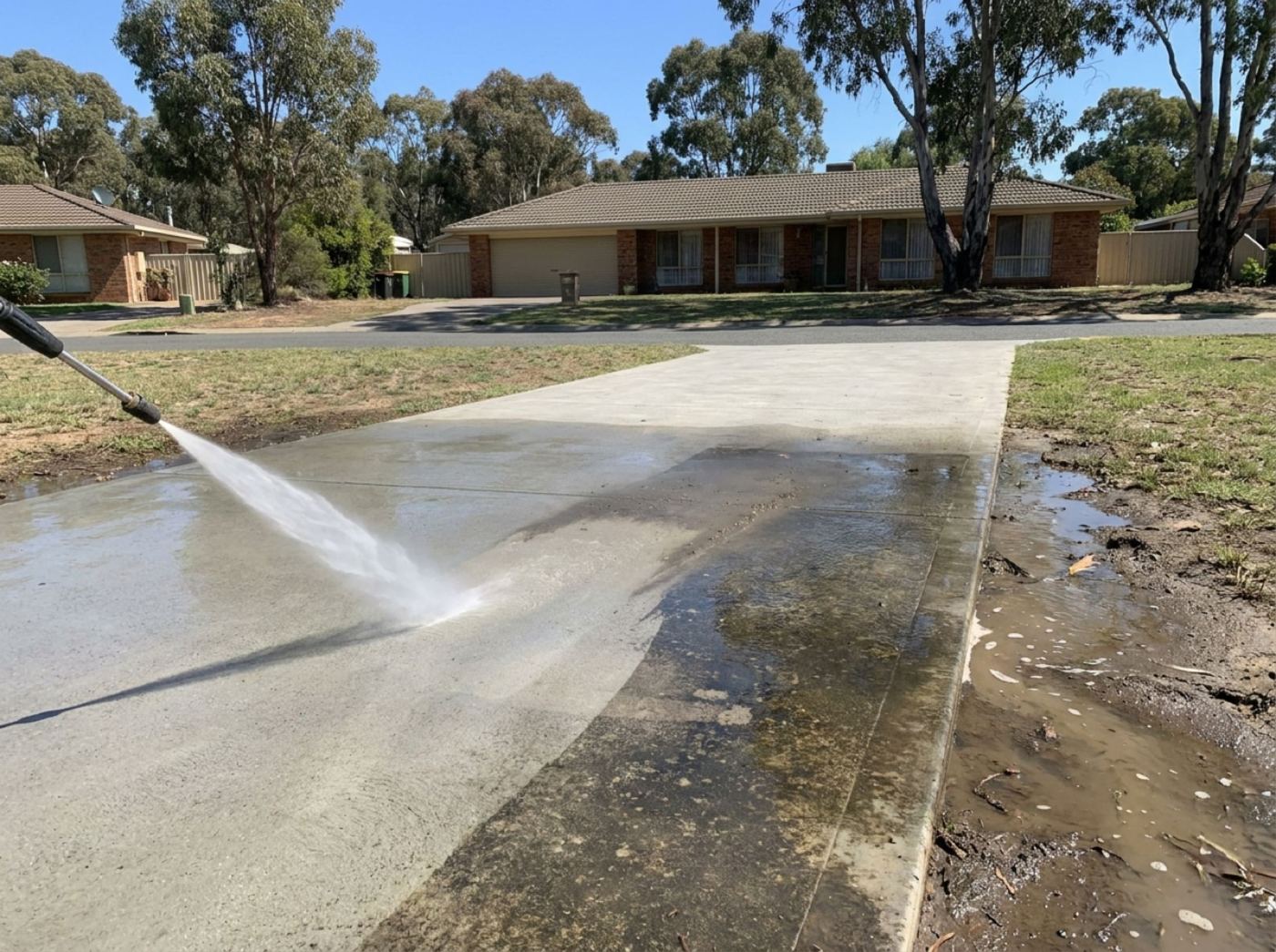 A pressure washer spraying a concrete driveway in front of a brick home