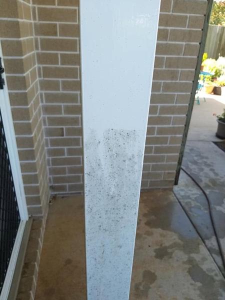 A rendered pillar beside brick walls with a hose on the concrete below