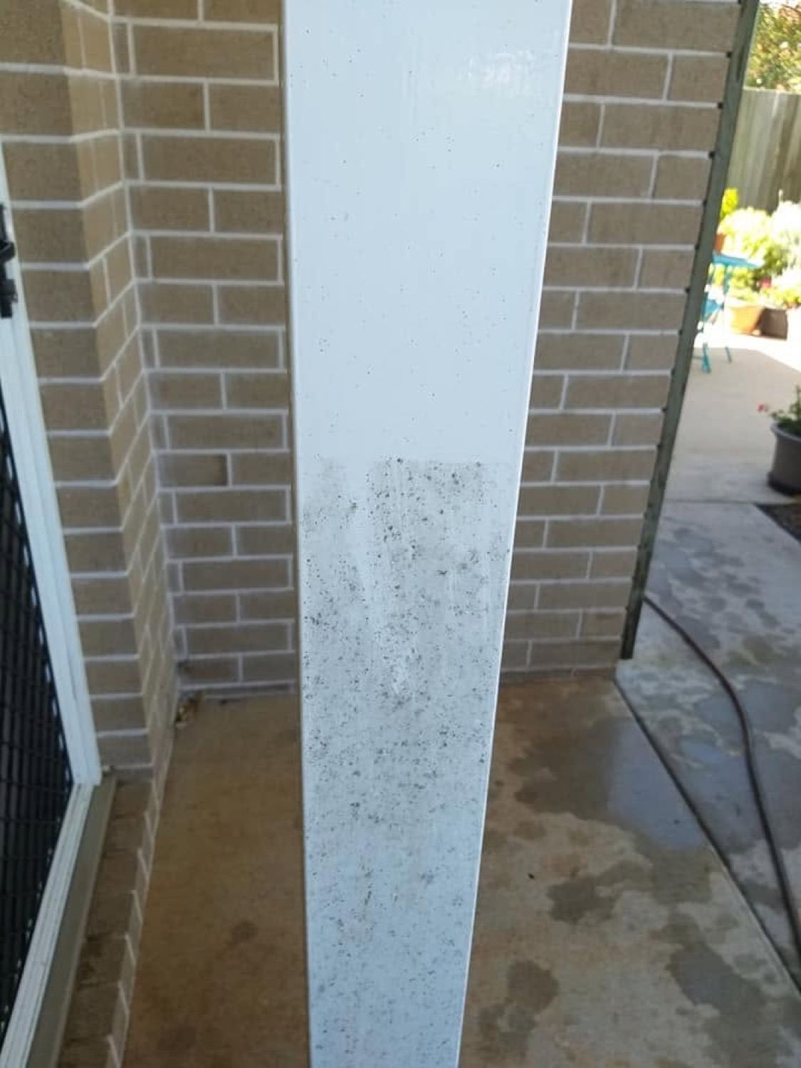 A rendered pillar beside brick walls with a hose on the concrete below
